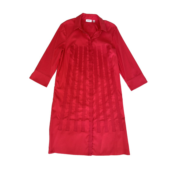 Per Se by Carlisle Shirtdress 10 Raspberry-Red Cotton Stretch Ribbon-Trim Dress - Picture 1 of 7